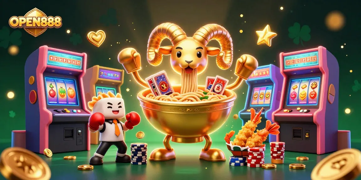 Win big with OPEN888 in this vibrant casino-themed 3D illustration featuring unique characters.