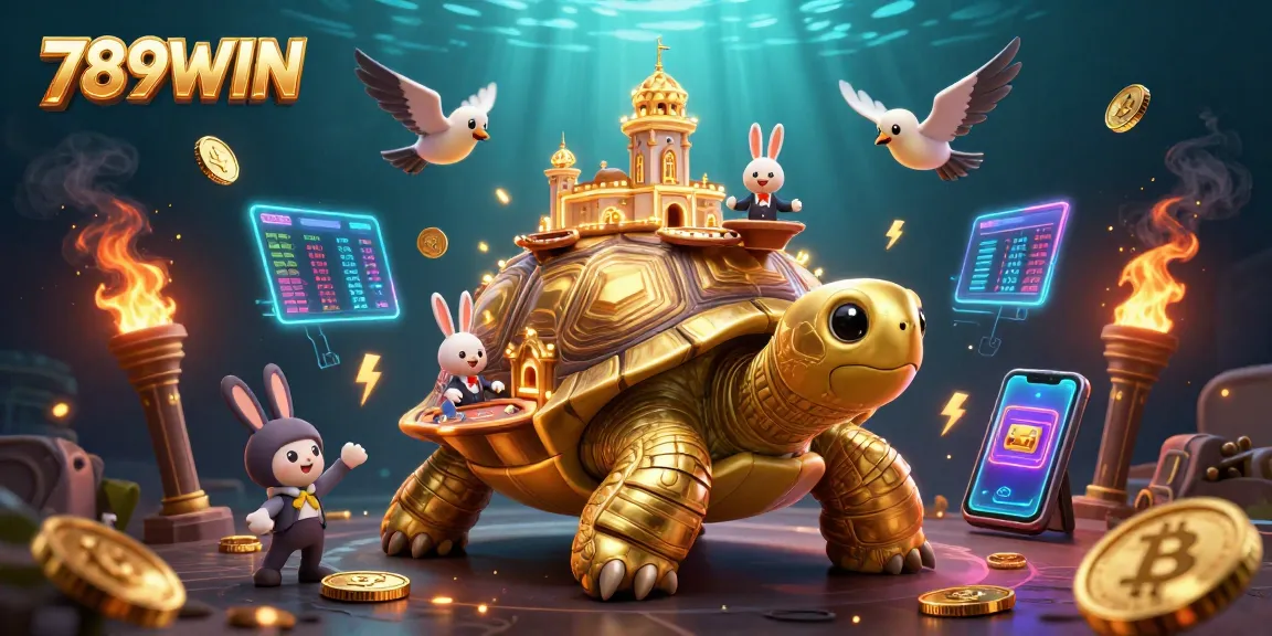 Engage with 789WIN's extravagant 3D casino scene featuring a golden tortoise, rabbit dealer, and flying coins.