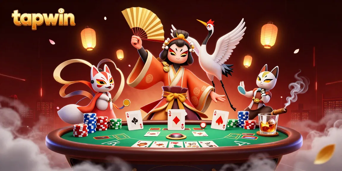 Experience thrilling poker gameplay with tapwin's kabuki warrior and kitsune characters in action.