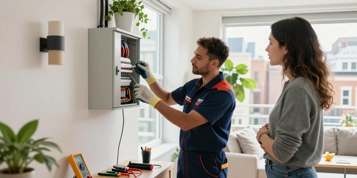 Electrician providing electrical services in London, inspecting panel with homeowner.
