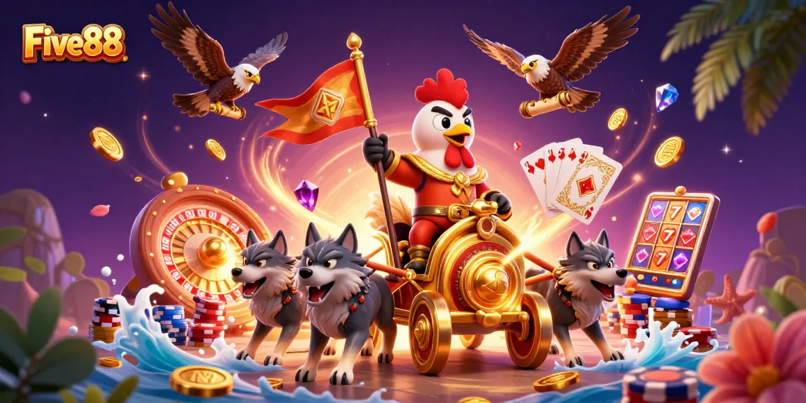 Win big at Five88 with a dynamic illustration of a rooster warlord in a thrilling casino scene.