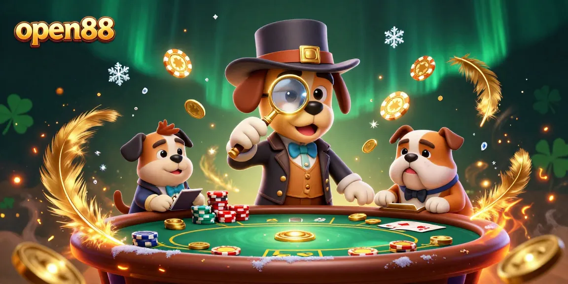 Play poker with open88: a 3D cartoon detective uncovering clues in a vibrant casino.