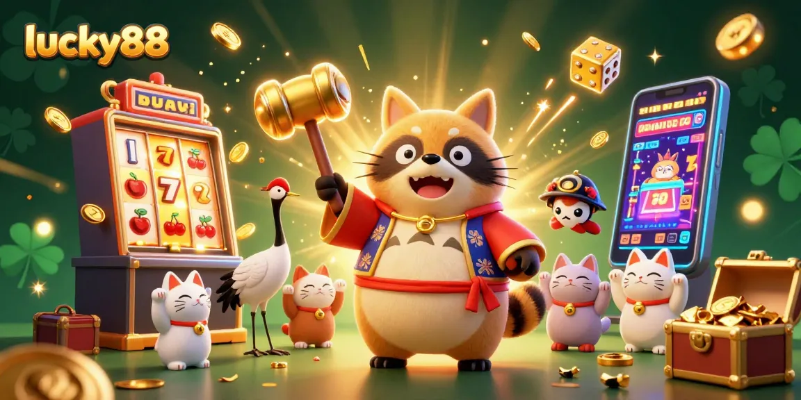 Experience winning excitement as lucky88 bursts with golden mallets, colorful symbols, and festive characters.