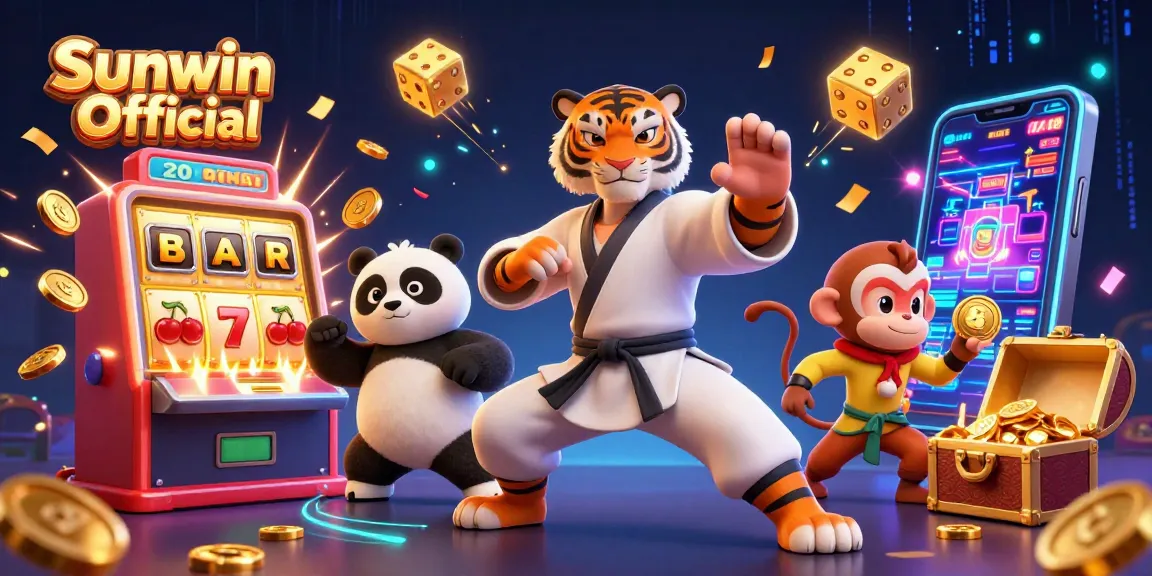Win big with Sunwin Official in this action-packed casino scene featuring vibrant characters and games.