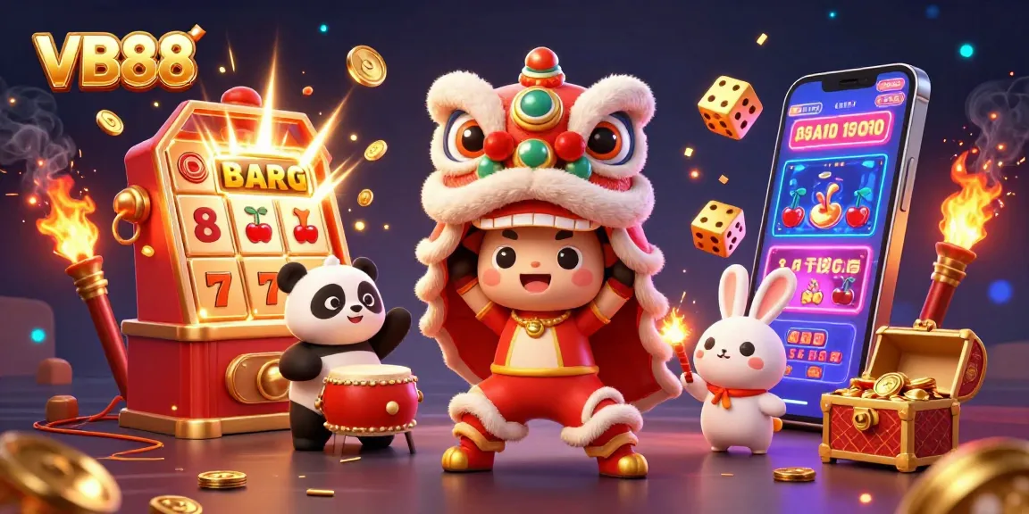 Experience the excitement of VB88 with this vibrant, action-packed casino scene featuring a lion dance and slot machines.