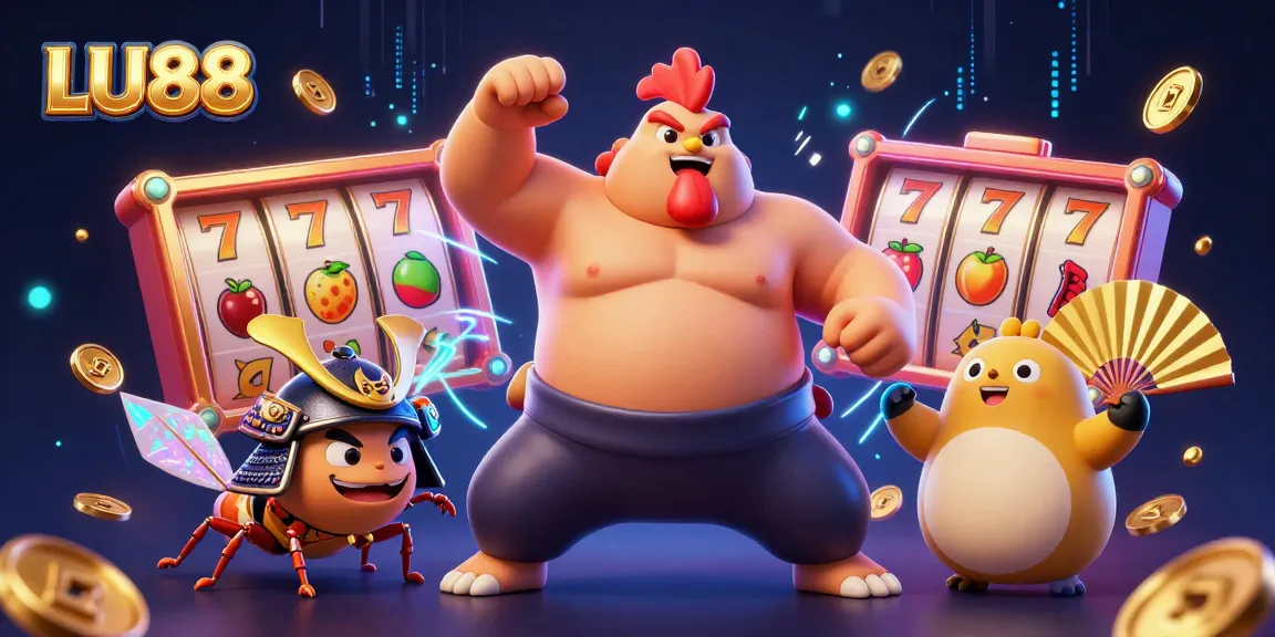 Experience the thrilling LU88 slots adventure with a dynamic sumo wrestler, samurai cricket, and tanuki announcer.