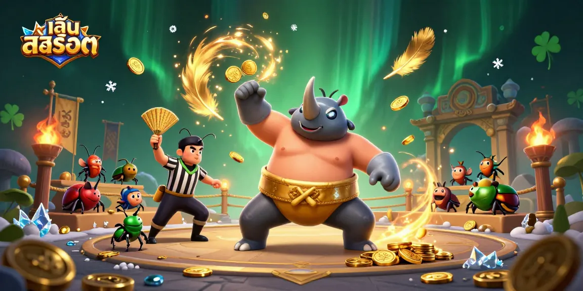 เล่นสล็อต interactive scene with a rhinoceros beetle champion, golden coins cascading, and vibrant gambling elements