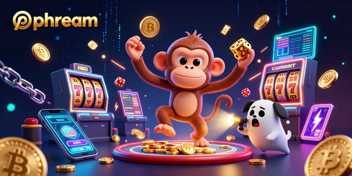 Engage with phdream's vibrant casino atmosphere, featuring an animated monkey juggling golden treasures amidst sparkling slot machines.