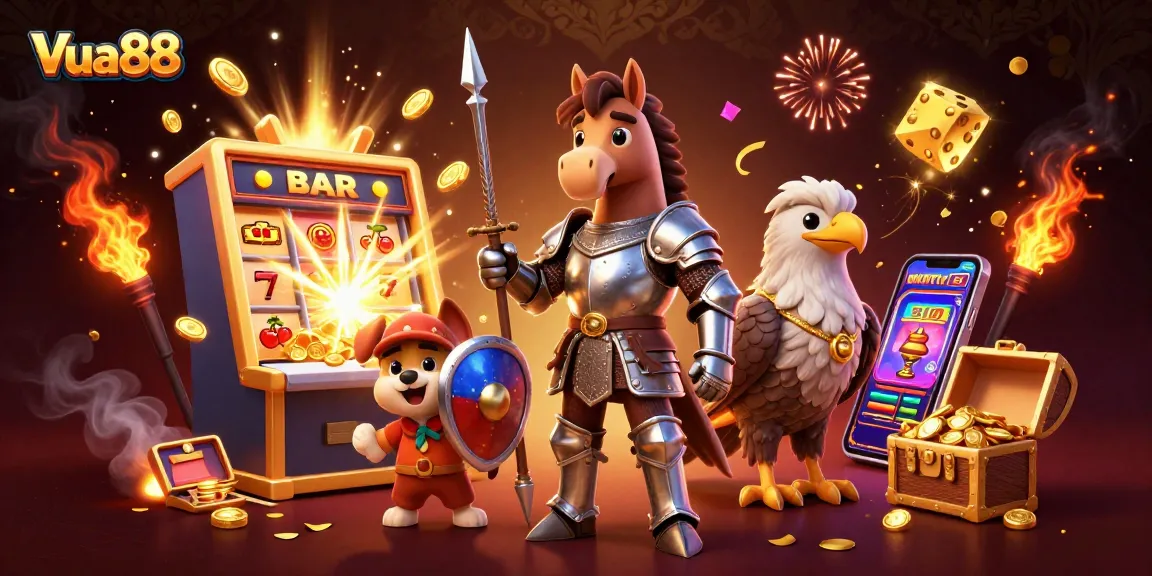 Vua88 offers a captivating gambling experience with knights, slot machines, and coins exploding in action.