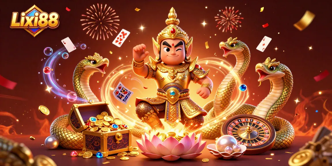 Lixi88 showcases a vibrant casino scene with a guardian and dynamic gaming elements for players.