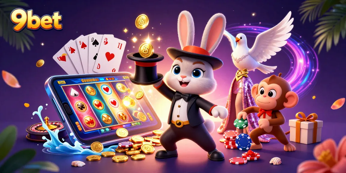 Join the excitement at 9bet, featuring a magician, dove, and monkey amidst casino elements.