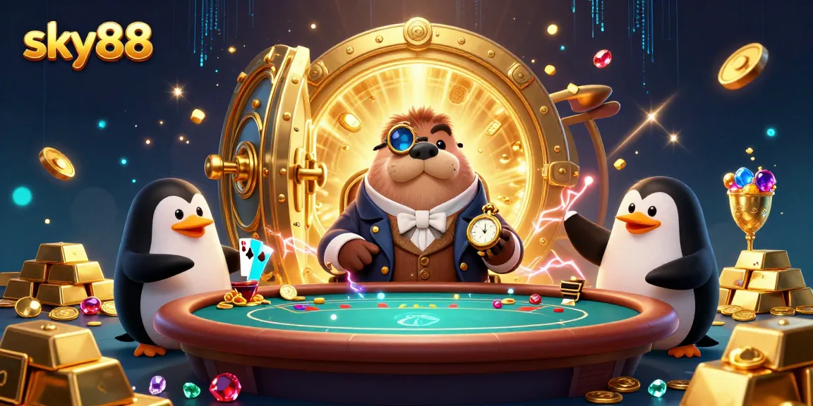 Play poker with sky88's lively characters, including a walrus and a penguin dealer in a vibrant underwater scene.