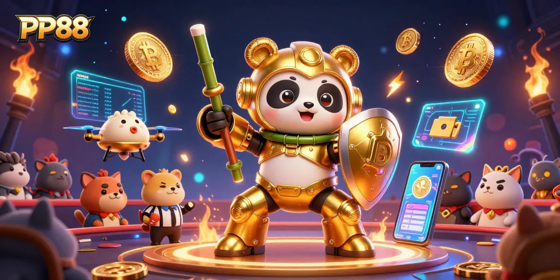 Engage in exciting gameplay with PP88 as the golden panda pilot commands the casino arena.