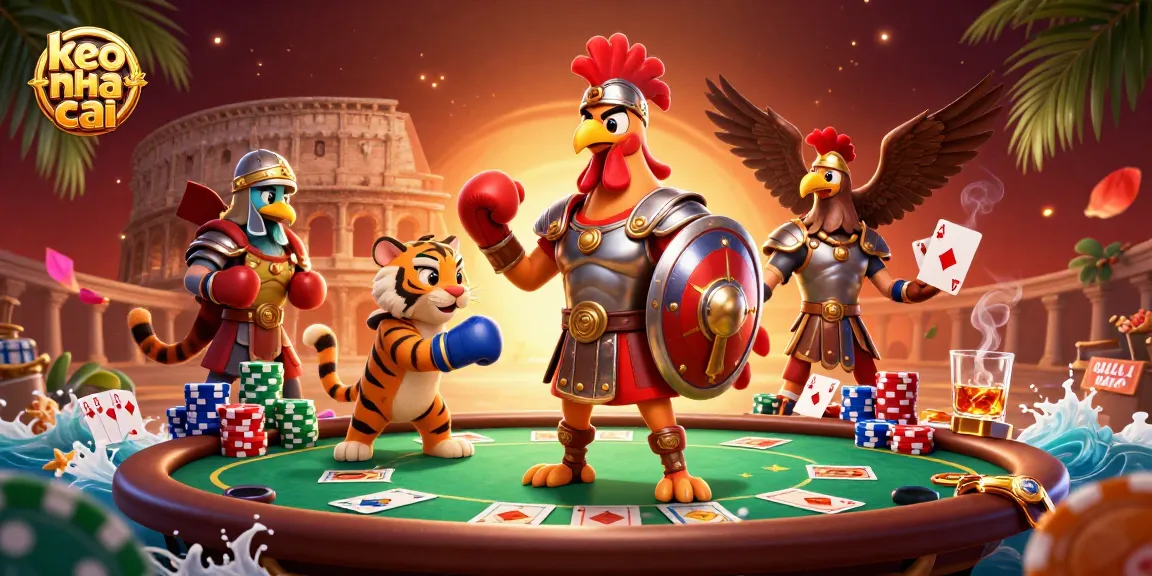 Engage with keo nha cai as a 3D cartoon gladiator rooster battles amidst poker elements in a vibrant colosseum.