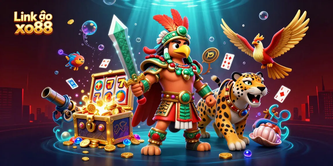 Experience the thrill of gaming with Link vào xo88 featuring dynamic Aztec warriors amidst vibrant casino elements.