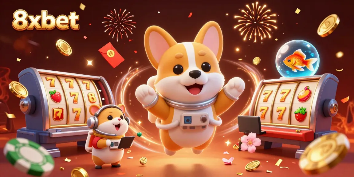 Experience thrilling casino adventures with 8xbet as a playful astronaut corgi and friends enjoy a cosmic jackpot.