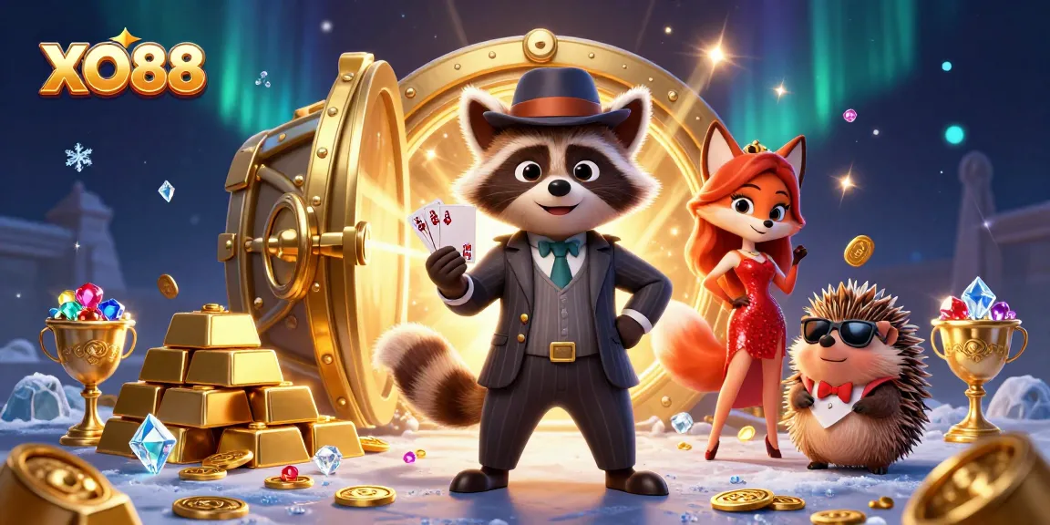 Engage with thrilling gameplay at XO88, featuring a dynamic casino scene with characters and sparkling gems.