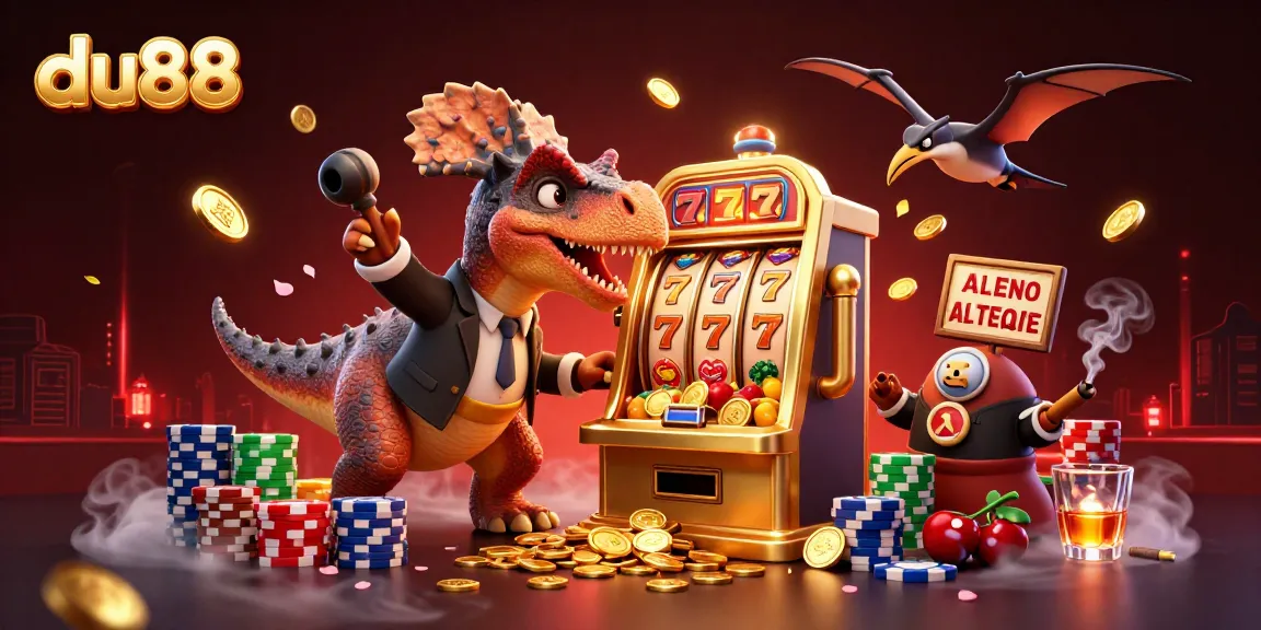 du88 jackpot celebration scene with a dinosaur and a casino manager amidst a flurry of golden coins