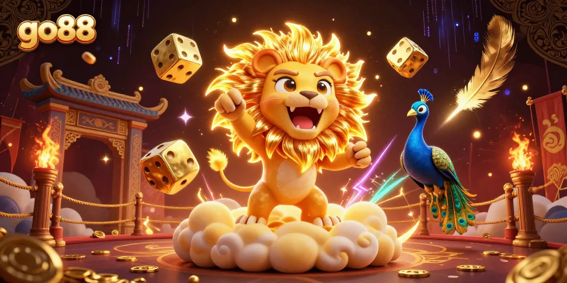 Experience the excitement of go88 with golden dice and vibrant 3D elements, immersing in online gaming.