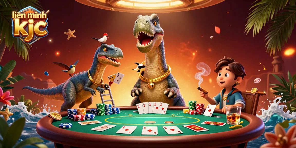 Engaging scene of liên minh kjc featuring a brontosaurus, raptor dealer, and vibrant poker elements.