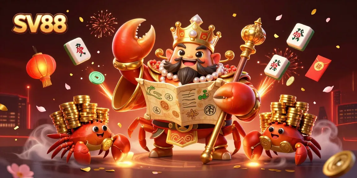 Engage with SV88's immersive casino experience featuring a golden crab emperor amidst rich gambling symbols.