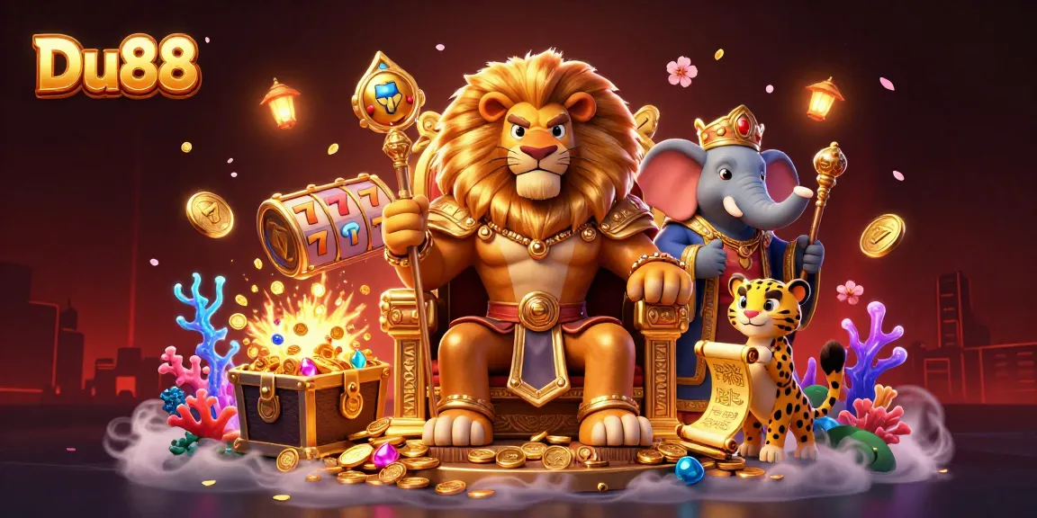 Experience the excitement of Du88 with a royal lion king and casino symbols in a vibrant 3D scene.