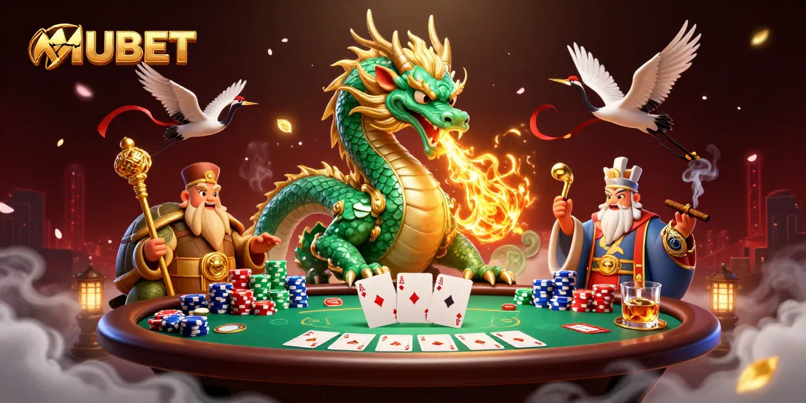 Engage with MUBET at a vibrant casino scene featuring a dragon, turtle sage, and lucky cranes.