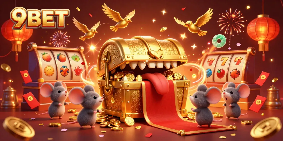 Join the fun at 9BET with a vibrant golden treasure chest and exciting gaming elements.