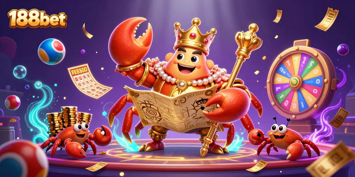 Experience thrilling wins with 188bet in this vibrant underwater casino illustration featuring an emperor crab.