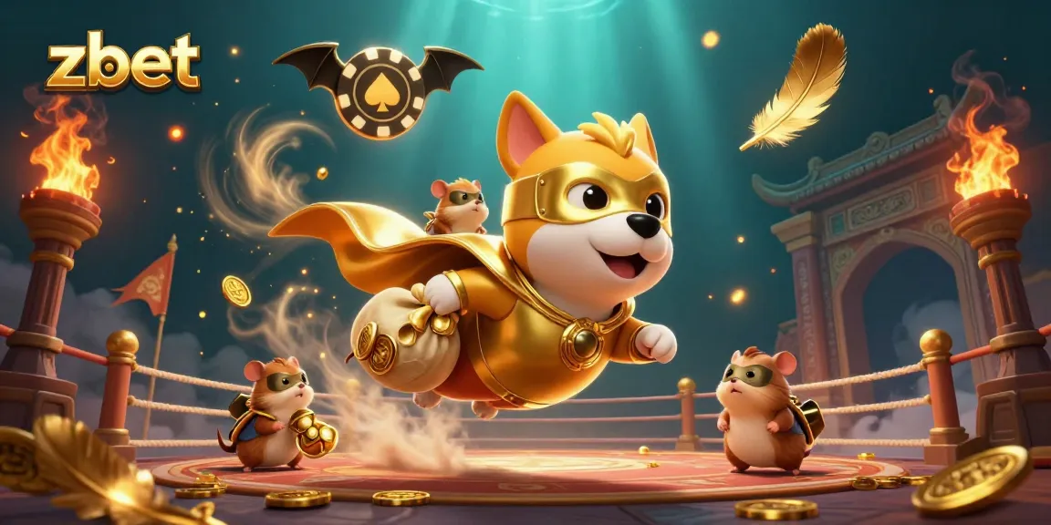 Experience the thrill of zbet with a superhero dog flying, gold coins, and poker chips in a vibrant casino scene.