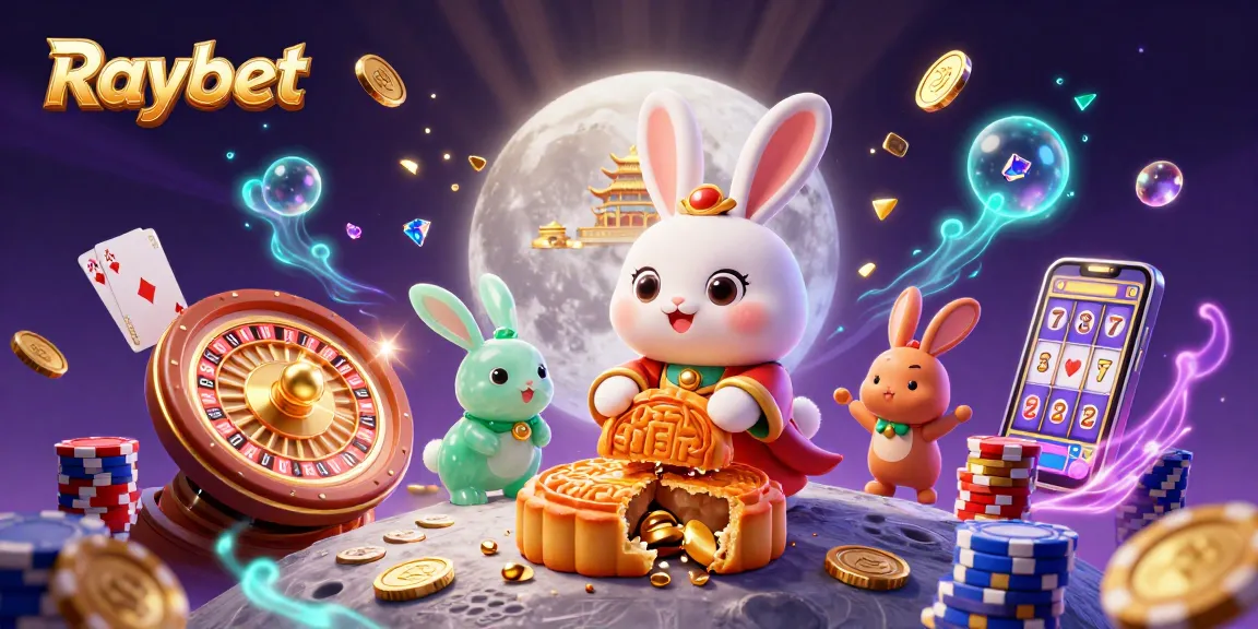 Experience the thrill of Raybet with a moon rabbit surrounded by shimmering poker chips and cascading coins.