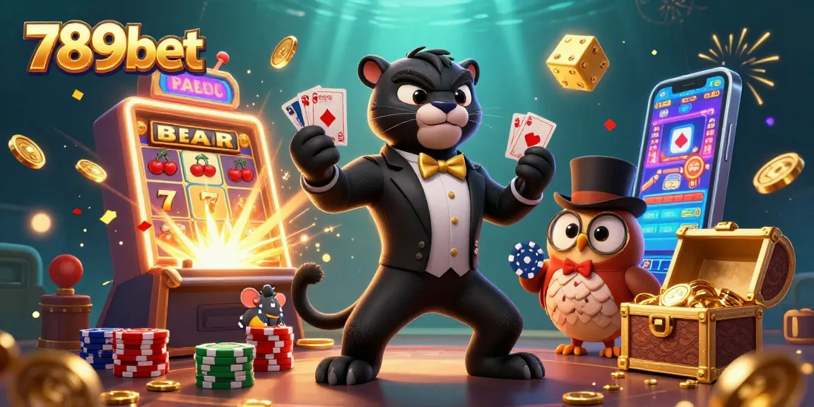 Engage in exciting gameplay with 789bet's vibrant characters featuring a stylish panther, an owl, and a mouse surrounded by casino elements.