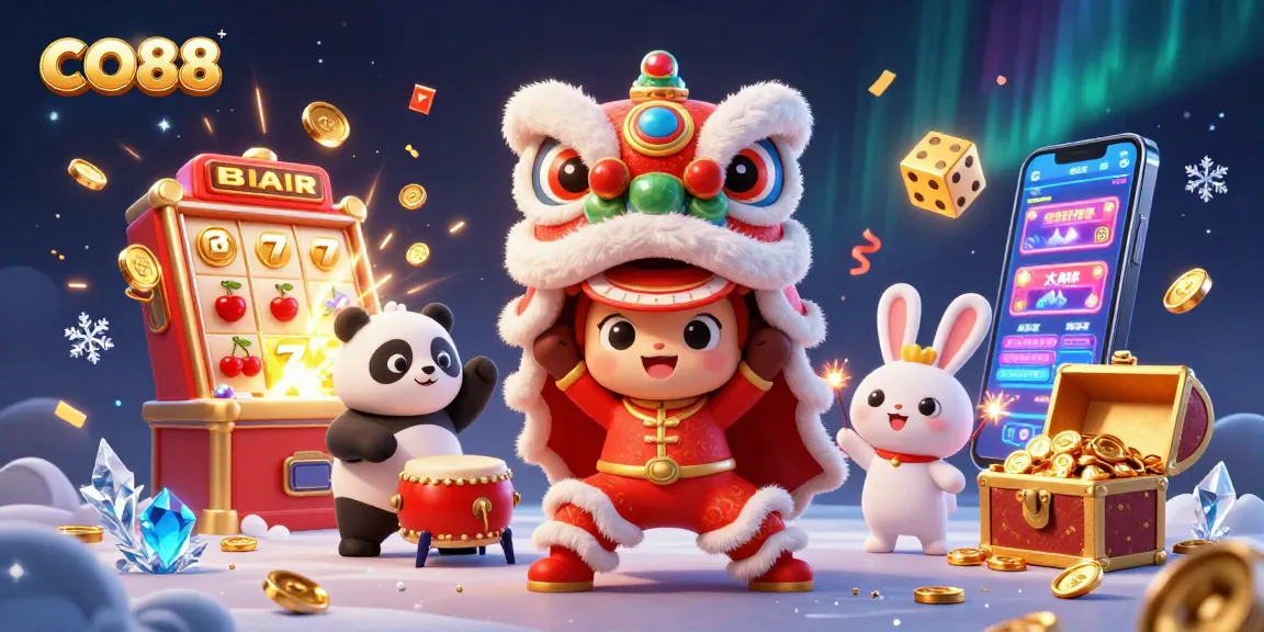 Experience the excitement of CO88 with vibrant casino elements, characters celebrating luck and fortune.