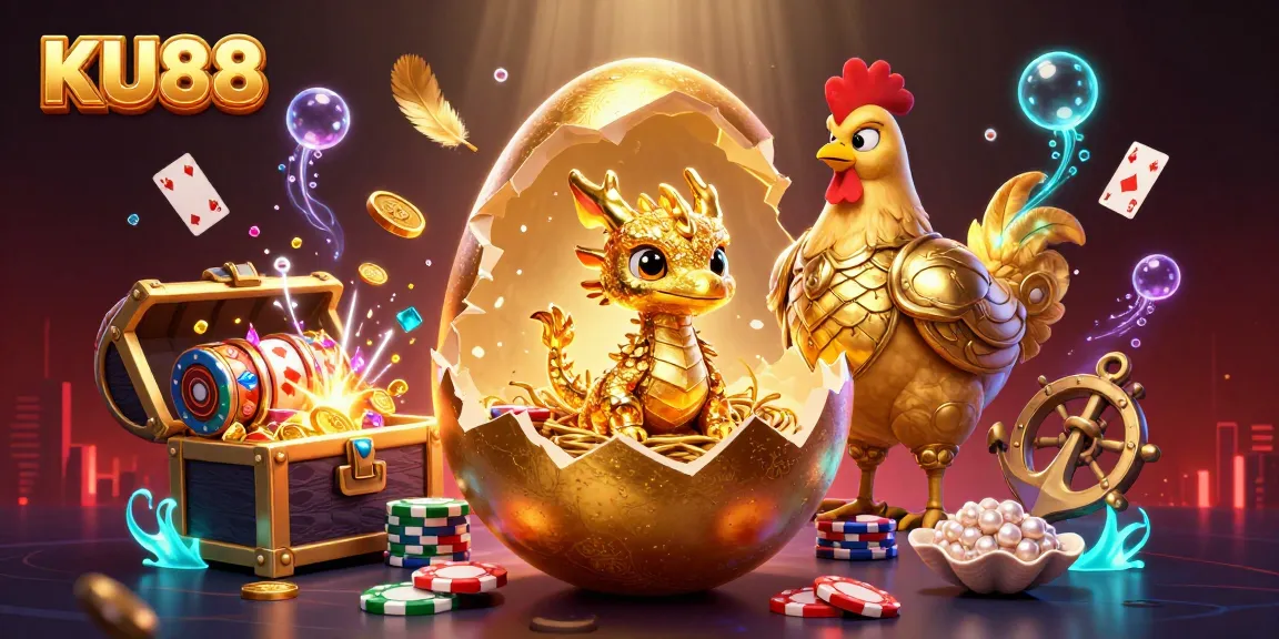 KU88 offers exciting gameplay with a golden dragon guarding poker chips amidst vibrant casino elements.
