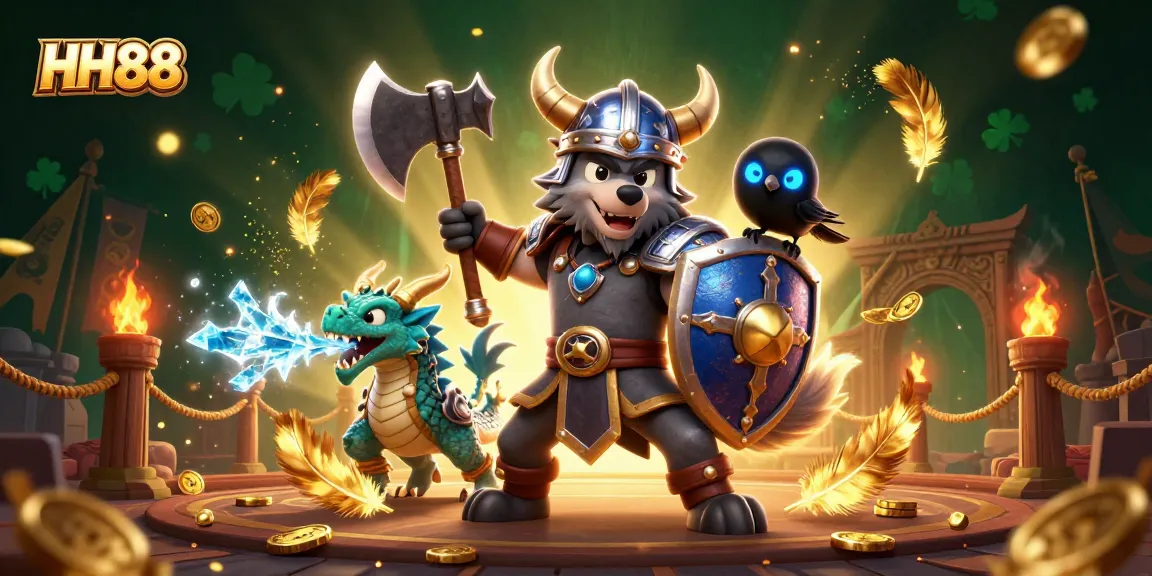 HH88 players enjoy dynamic gaming experience amidst enchanted Viking-themed illustration.