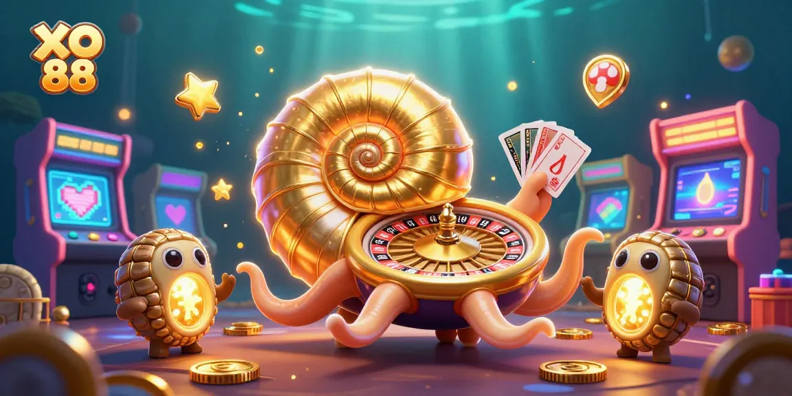 Experience the thrill of XO 88 with a giant nautilus roulette wheel in a vibrant casino scene.