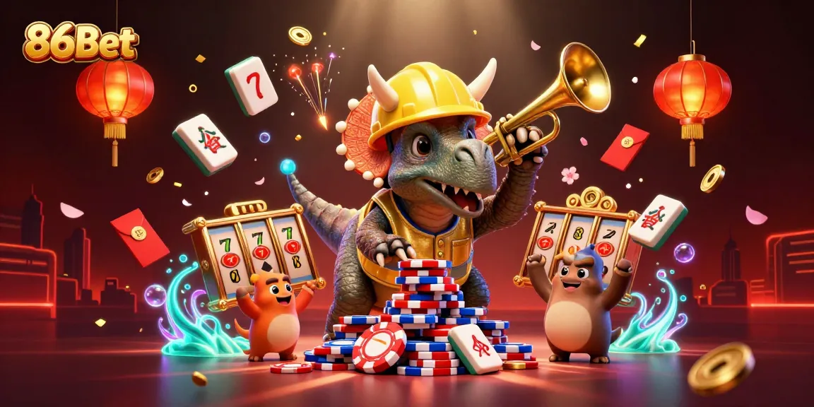 Cheerful 3D casino scene celebrating 86Bet with vibrant characters and dynamic elements.
