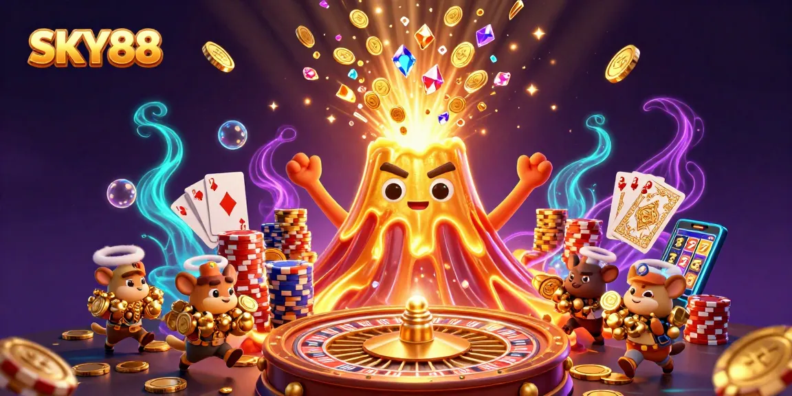 Experience the excitement of SKY88 with treasure-hunting animals and a volcanic eruption in a vivid casino scene.
