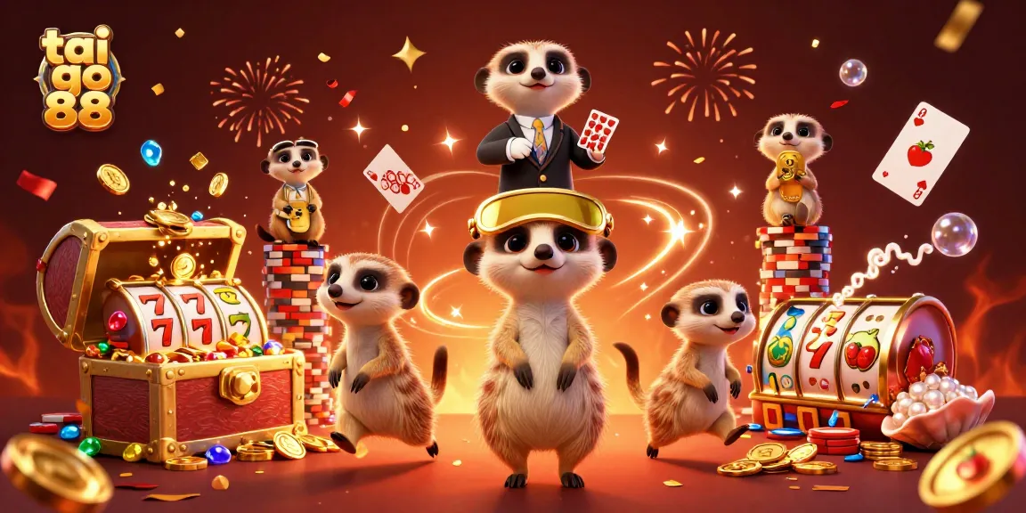 Experience the excitement of tai go 88 with meerkats running a casino, surrounded by gold coins and playful elements.