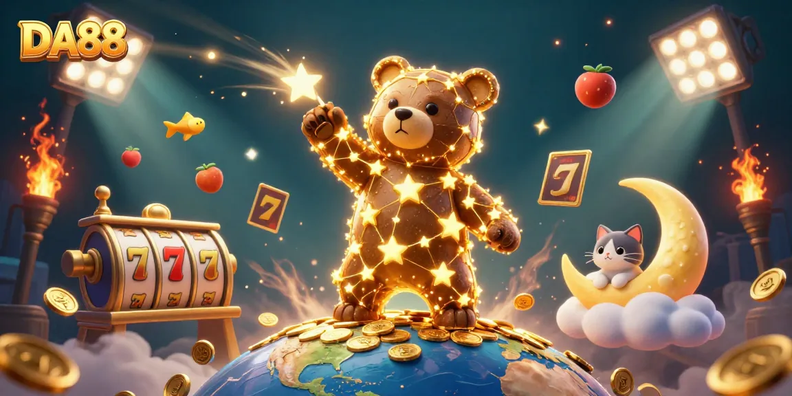 Engage with DA88 in this vibrant casino-themed scene featuring a constellation bear and slot machines.