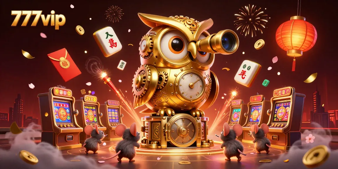 Join the excitement of 777vip with cartoon blends of golden owls, slot machines, and festive elements.
