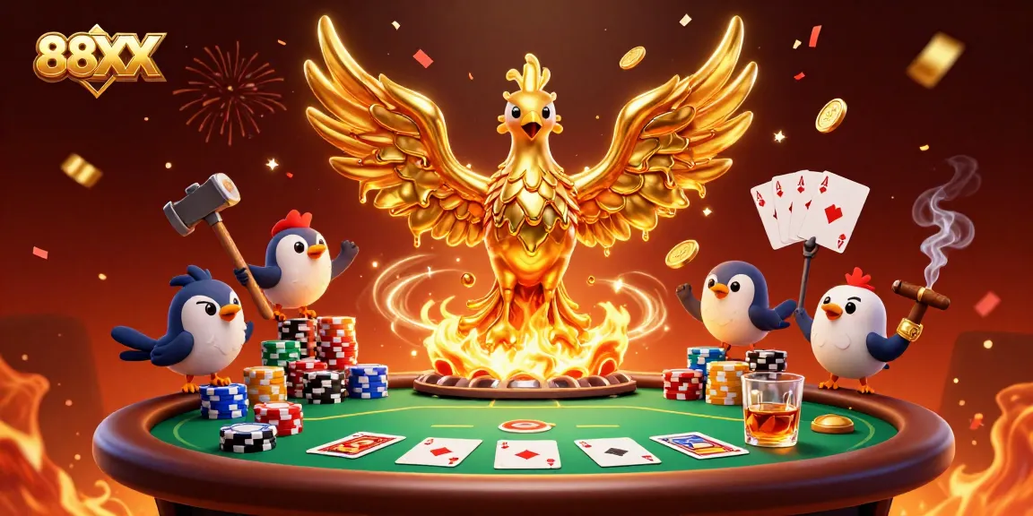 Experience thrilling 88XX poker action with dynamic golden phoenix and poker elements.