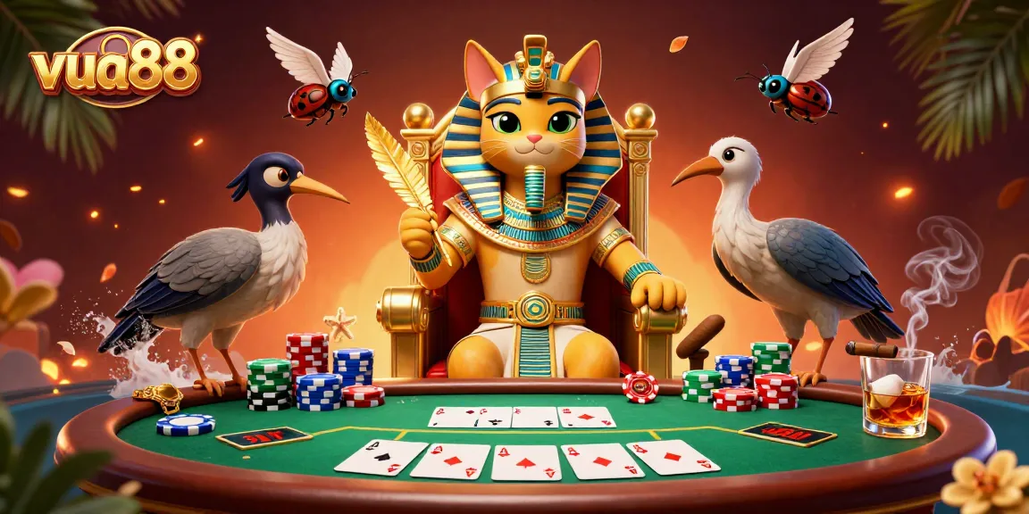 Experience the excitement of viu88 with this vibrant 3D casino scene featuring an Egyptian pharaoh cat and poker elements.