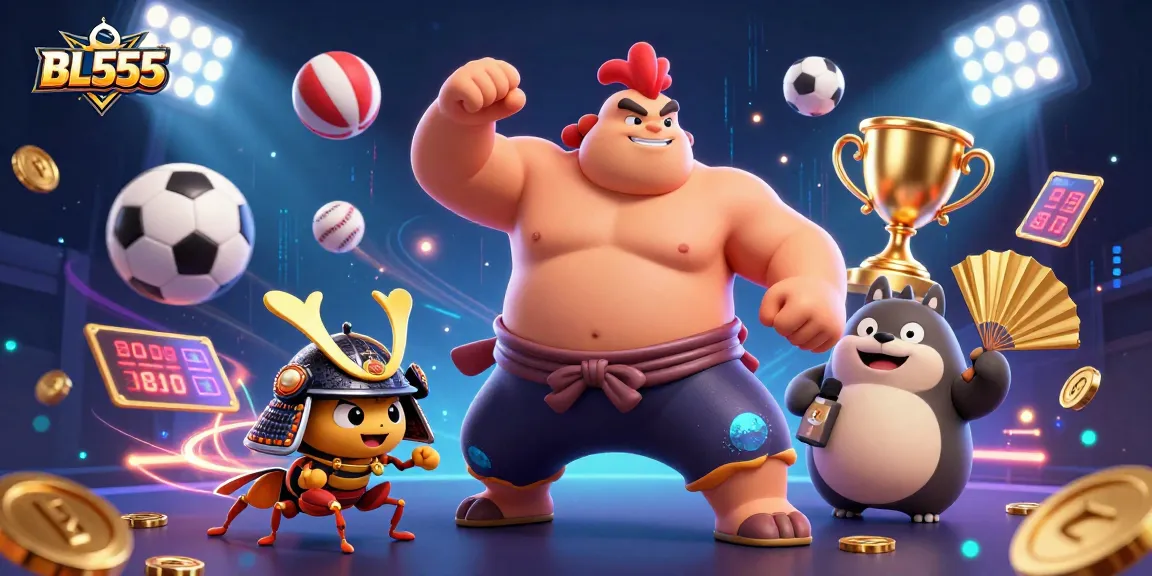Join the excitement at BL555 with dynamic sports symbols and vibrant characters in a thrilling casino experience.