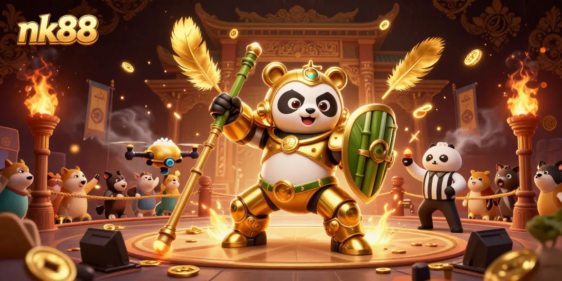 nk88 players enjoy an action-filled casino battle with a golden panda in a dynamic arena.