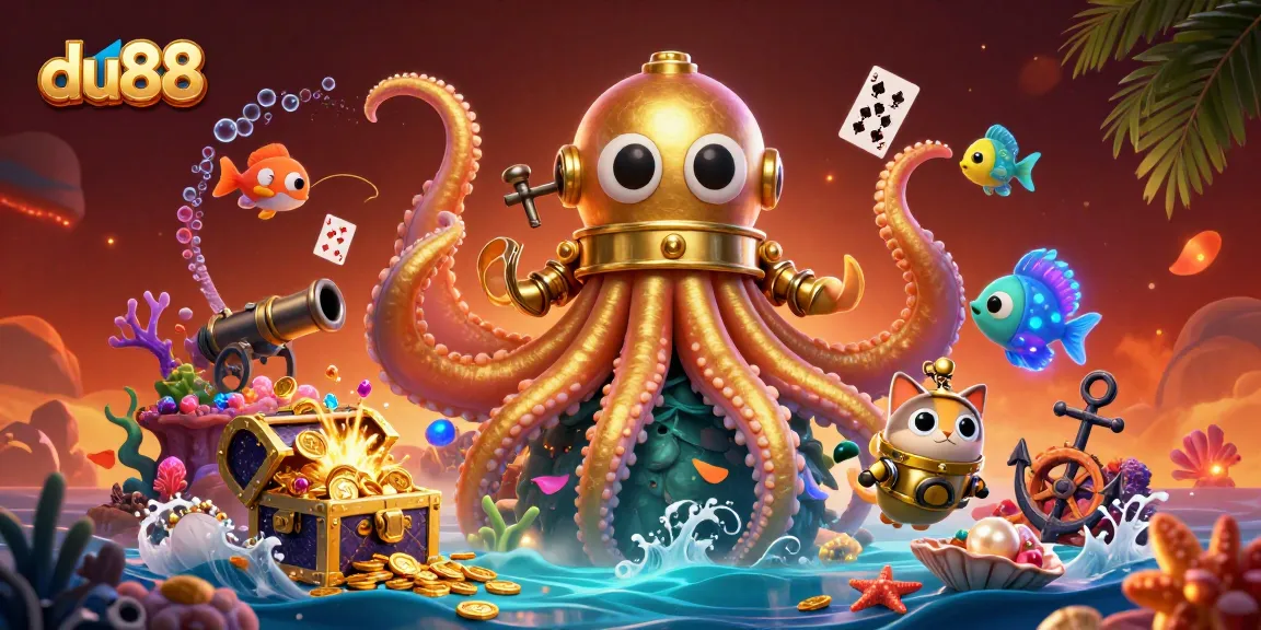 Join the thrilling adventure with du88, where players encounter a colossal kraken, diving cat, and treasure-filled excitement.
