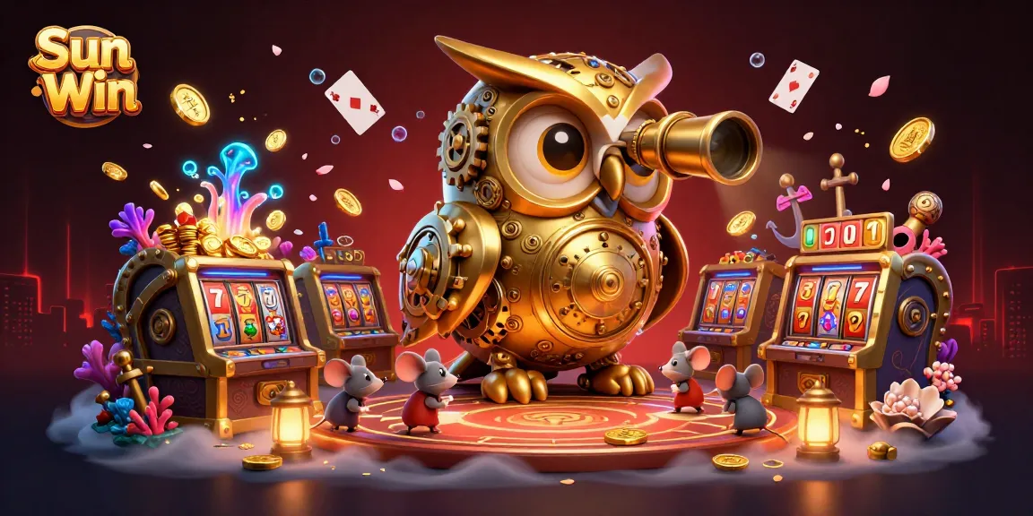 Spin to win at Sun Win with a vibrant, engaging casino scene featuring a golden owl and treasures.