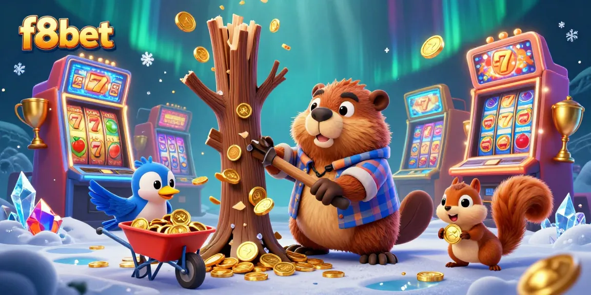 Experience big wins at f8bet with our animated scene showcasing a lumberjack beaver, gold coins, and vibrant slot elements.