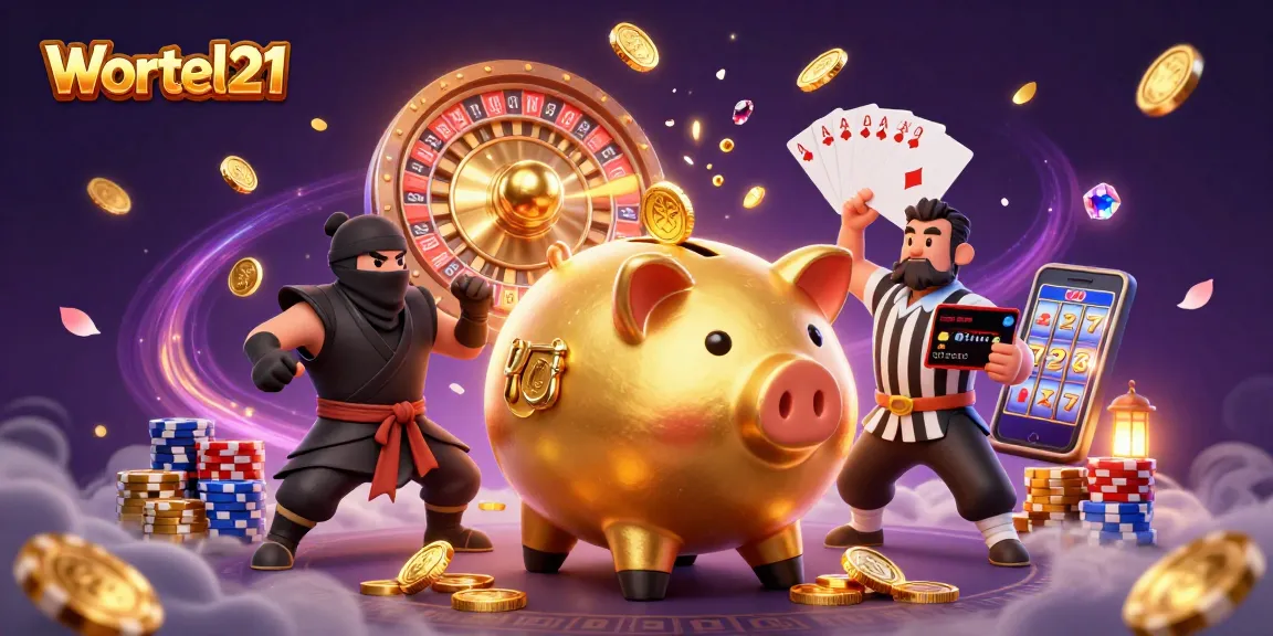 Wortel21's exciting gaming scene featuring a golden piggy bank sumo wrestler amidst dazzling casino elements.