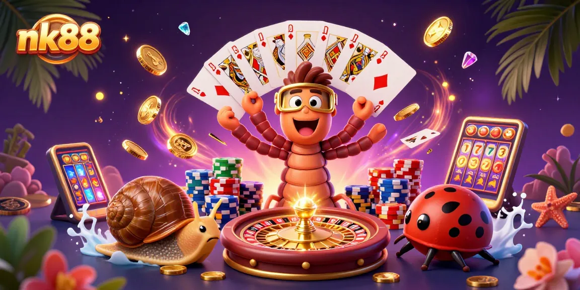 Experience thrilling games at nk88 with a dynamic cartoon illustration showcasing vibrant casino characters and elements.